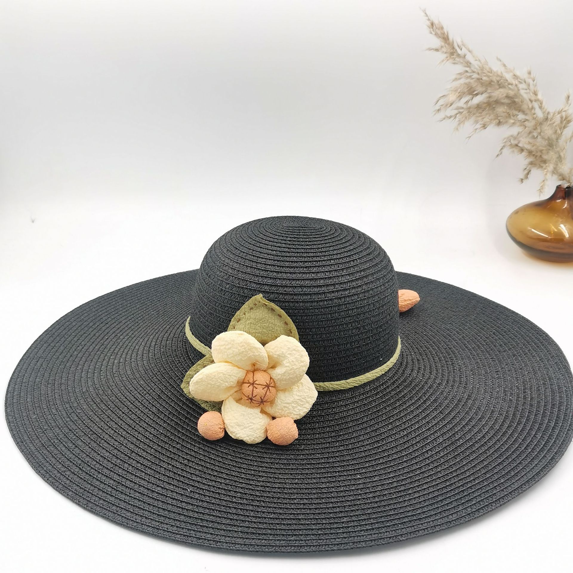 手工花装饰女士草帽韩版春夏海边沙滩户外防晒大沿帽折叠遮阳帽子