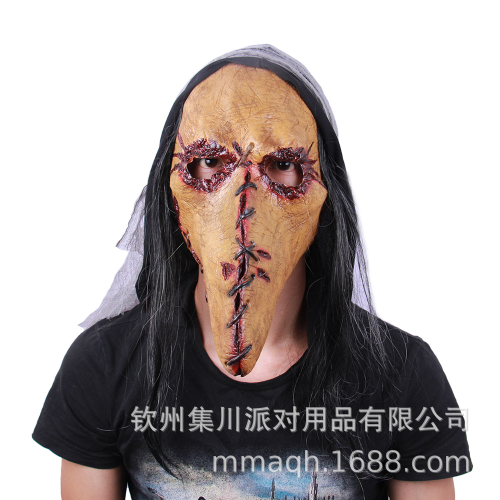 新款恐怖血骷髅鸟头面具血腥缝线长鸟嘴乳胶面罩朋克瘟疫鸟嘴面具