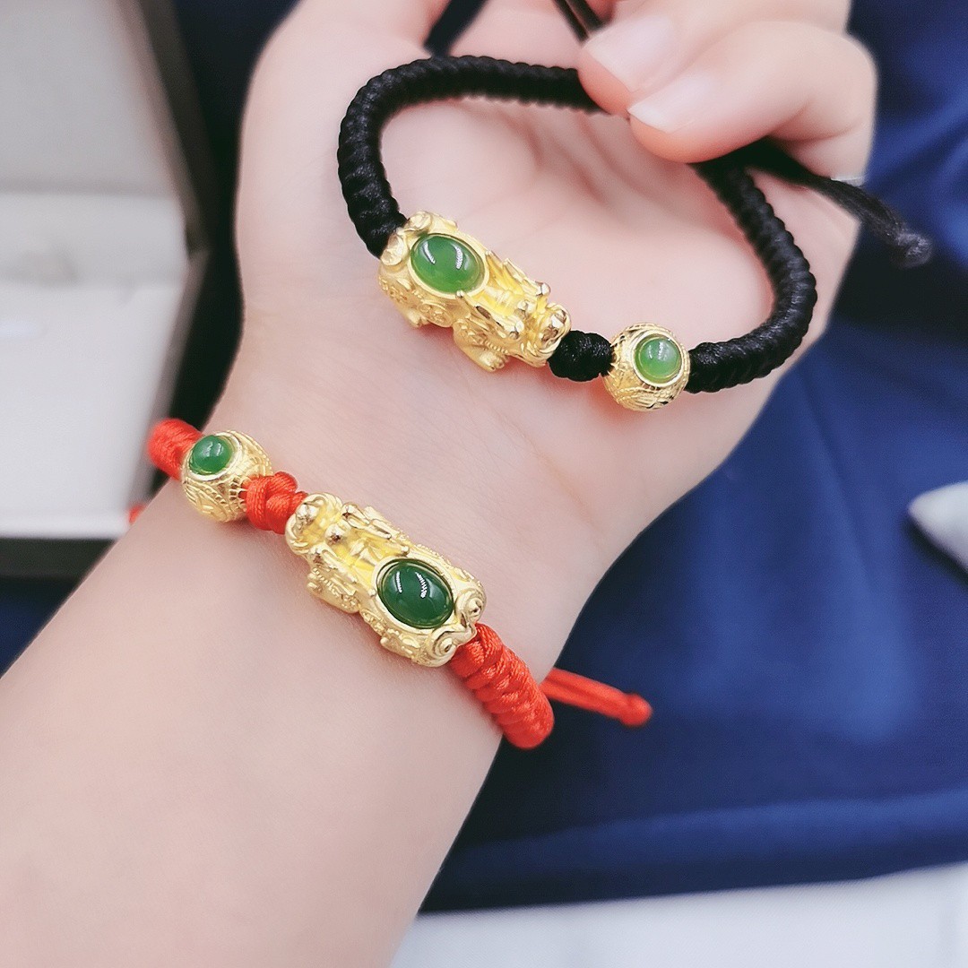 纯银貔貅红绳编绳手链手工3d硬银足银麒麟男女情侣手绳直播货源