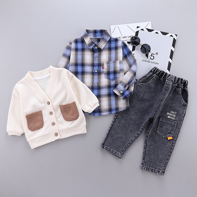 2021 Spring New Children Three-Piece Wholesale Children's Korean-Style Fashionable Sweater Coat Boys' Knitting Cardigan