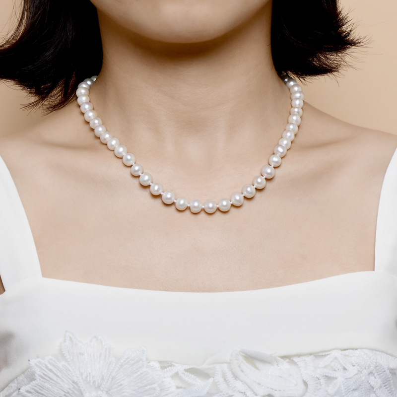 7-8mm淡水珍珠项链 近正圆白色强光 妈妈链 配925银扣 40 5cm调节