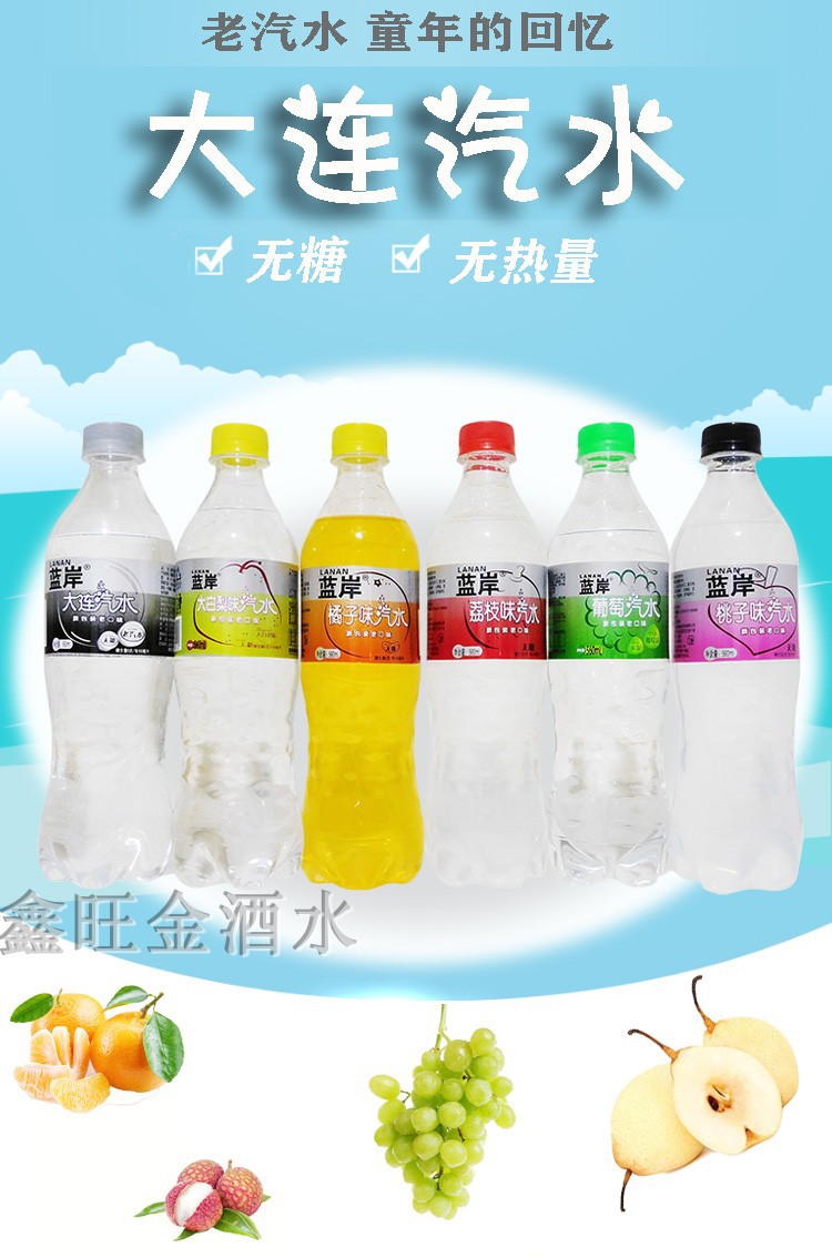 蓝岸大连汽水无糖饮料560mlx20瓶 原味橘子桃梨葡萄荔枝 多省包邮