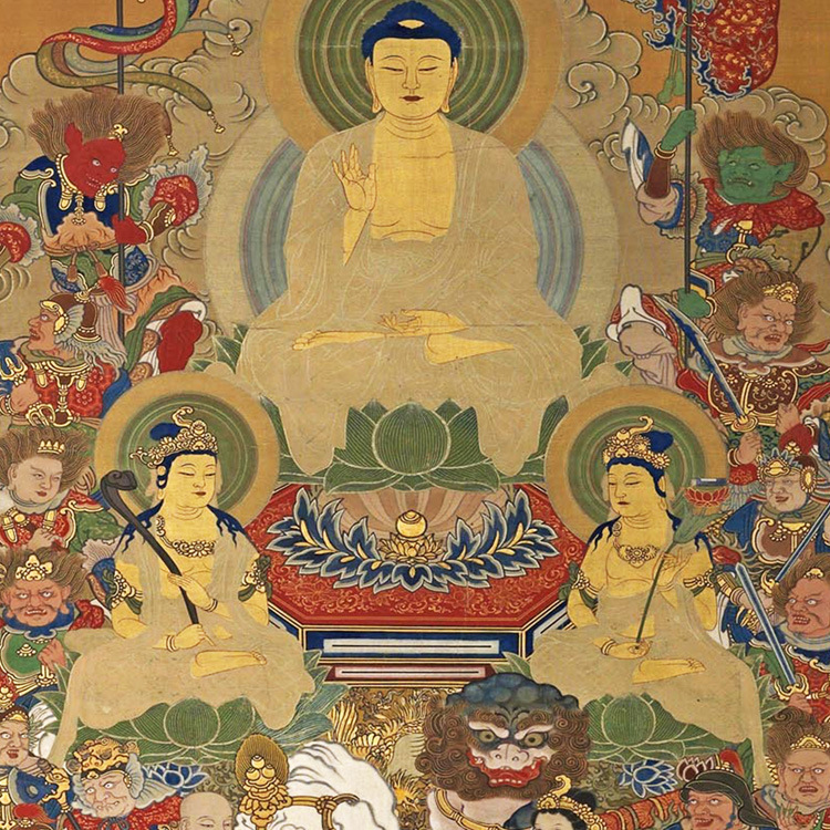 释迦三尊十六善神图全堂佛菩萨佛像画挂画如来文殊普贤佛祖卷轴画