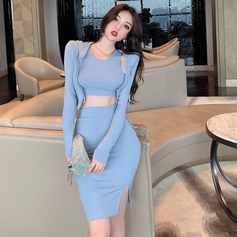 秋季新款网红名媛气质女神防晒开衫外套 背心 包臀半身裙针织套装