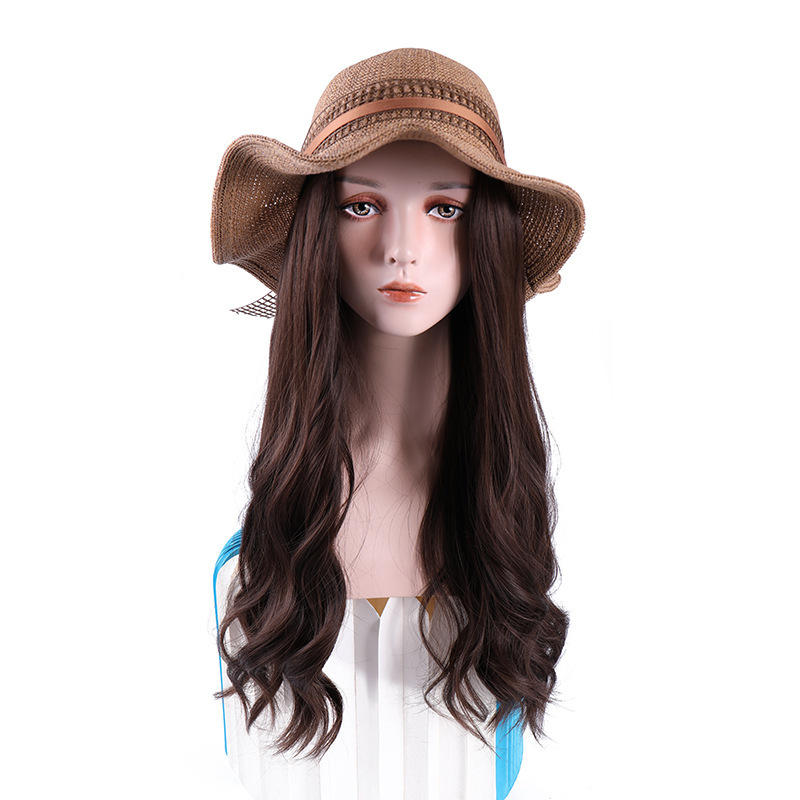 带假头发的渔夫帽子假发一体女夏天时尚网红长发波浪卷自然头套