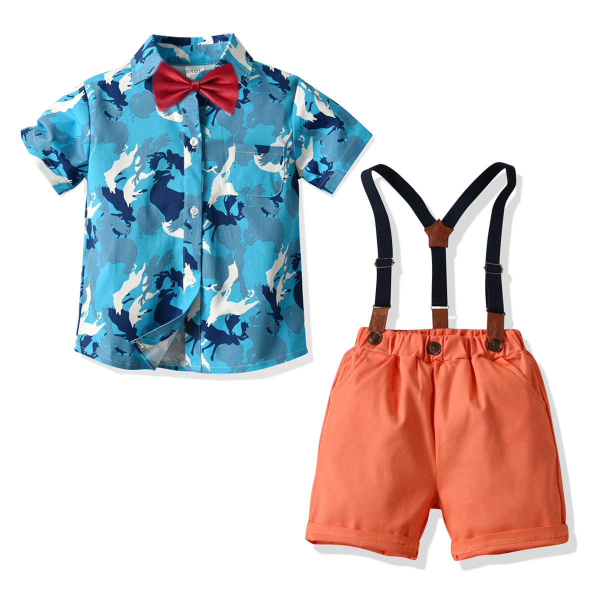 男童绅士套装儿童沙滩短袖衬衫背带短裤四件套儿童节日服装拍照服