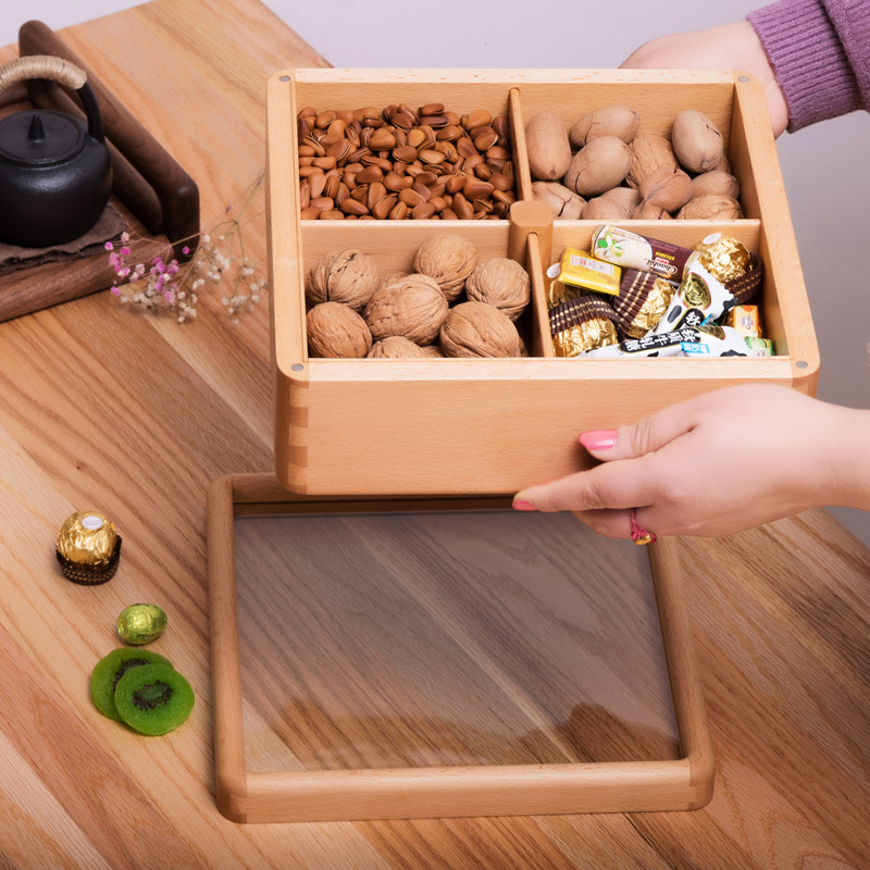 简约现代干果盒木质零食盘分格创意胡桃木糖果盘家用水果盘坚果盒