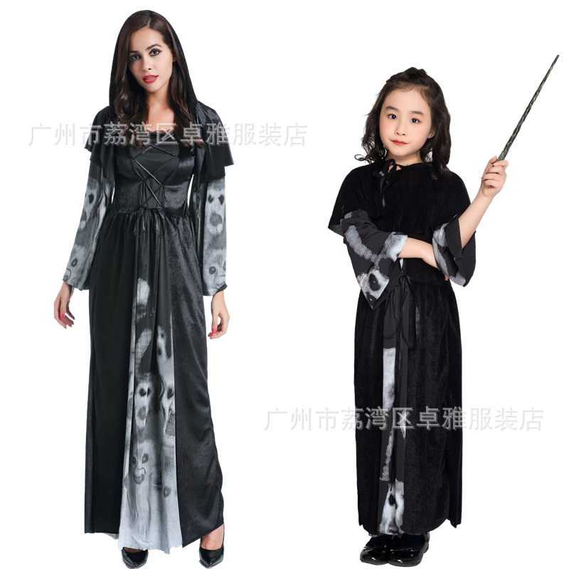 万圣节新款骷髅印花女巫 吸血鬼服装演出服 恐怖女巫 巫婆装-阿里巴巴