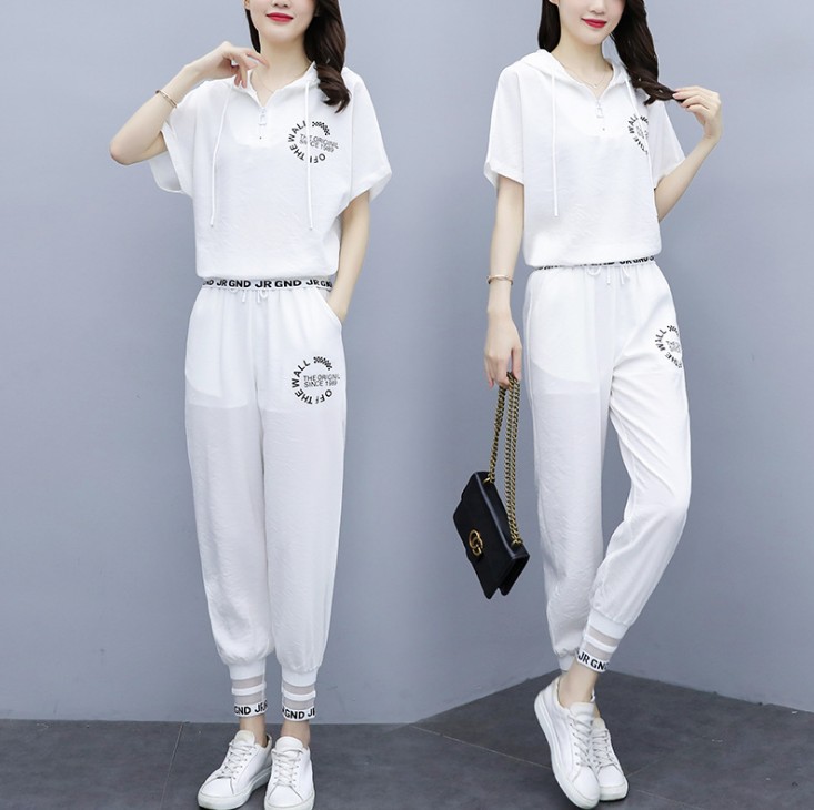 大码白色休闲套装女2021新款洋气显瘦连帽潮流宽松运动两件套夏装