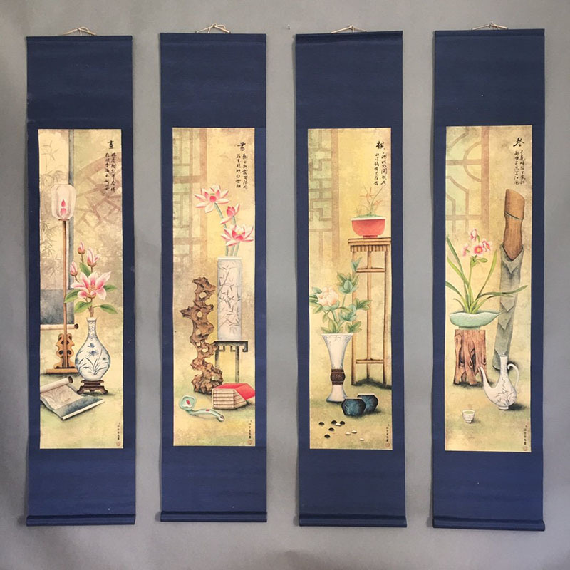 古玩字画客厅装饰画墙画挂画 仿古郎世宁 琴棋书画四条屏厂家直销