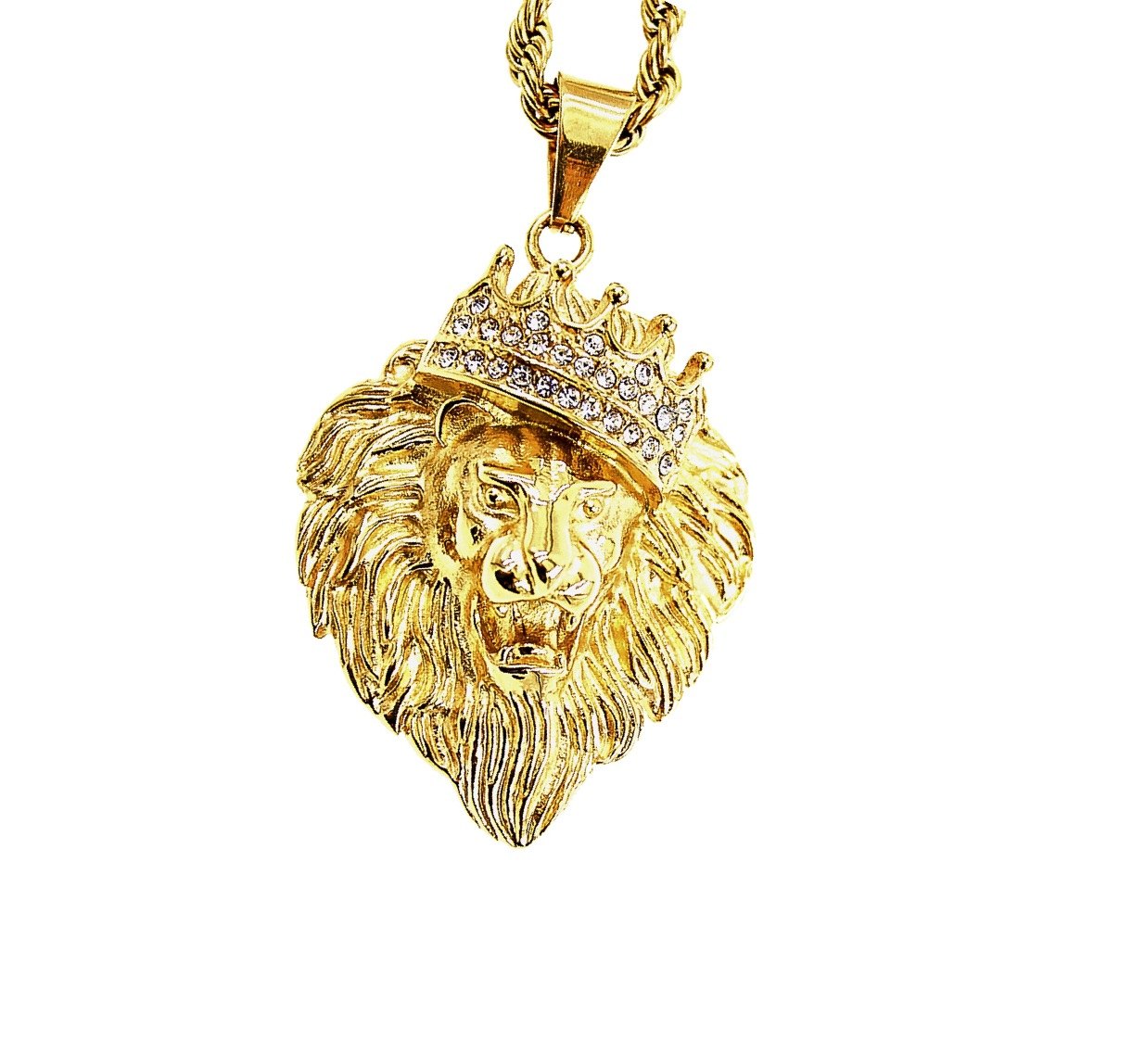 欧美跨境热销嘻哈风格钛钢镀金皇冠狮子头吊坠项链
