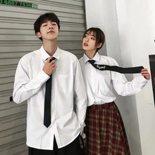 领带白色衬衫男士长袖韩版潮流学生情侣装港风衬衣学院风套装上衣