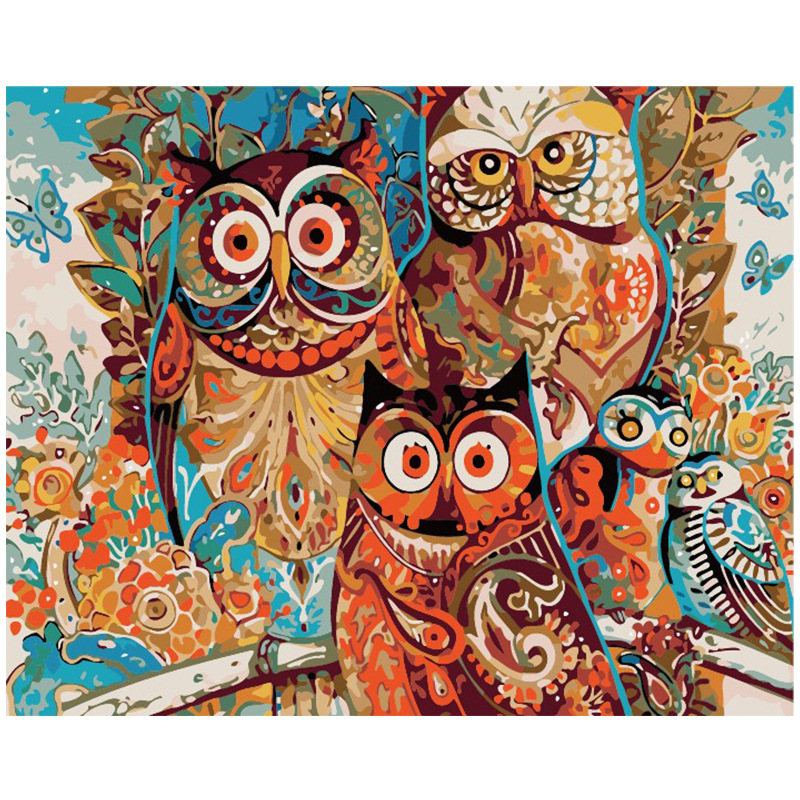 厂家直销 diy数字油画卡通猫头鹰新款手绘客厅装饰油画批发定制
