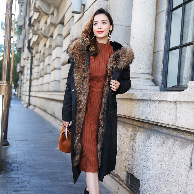 派克服女士冬装新款獭兔毛内胆皮草大衣貉子毛领尼克服外套中长款