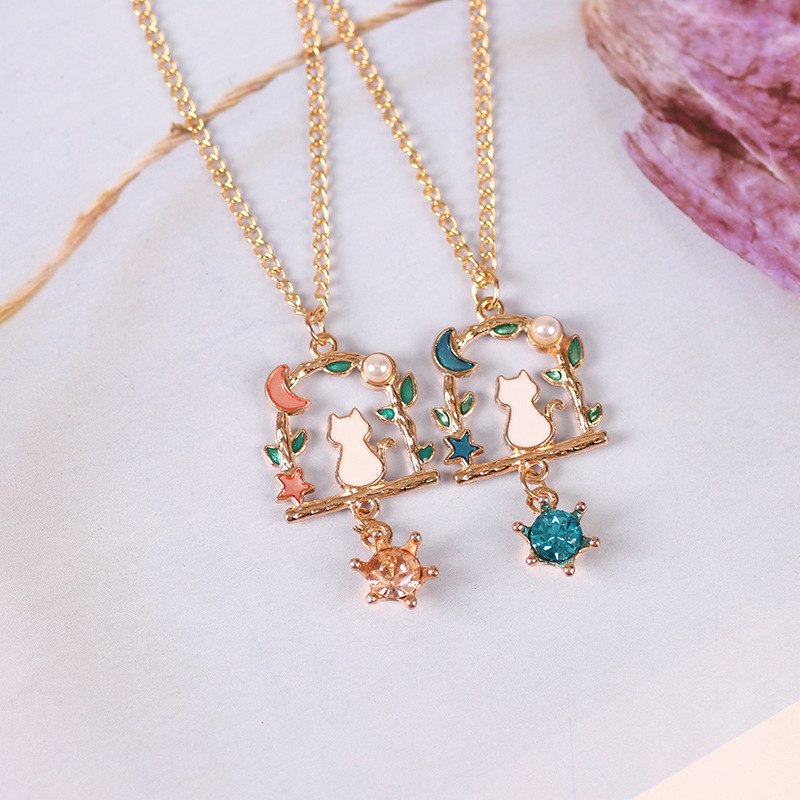 项链女学生韩版简约猫咪花环项链闺蜜好朋友吊坠二人锁骨链小清新