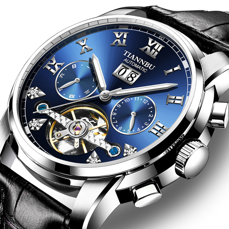 天博正品全自动机械表男士日历星期月份多功能钢蝴蝶扣陀飞轮手表