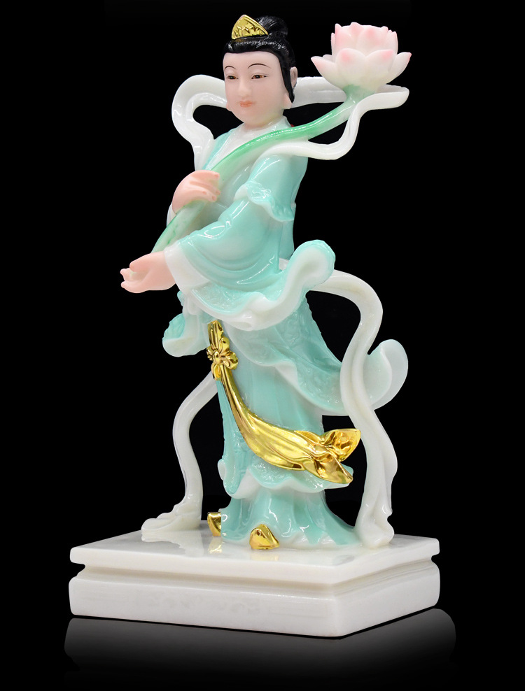 汉白玉何仙姑神像居家供奉保平安荷花仙子摆件八仙何仙姑佛像