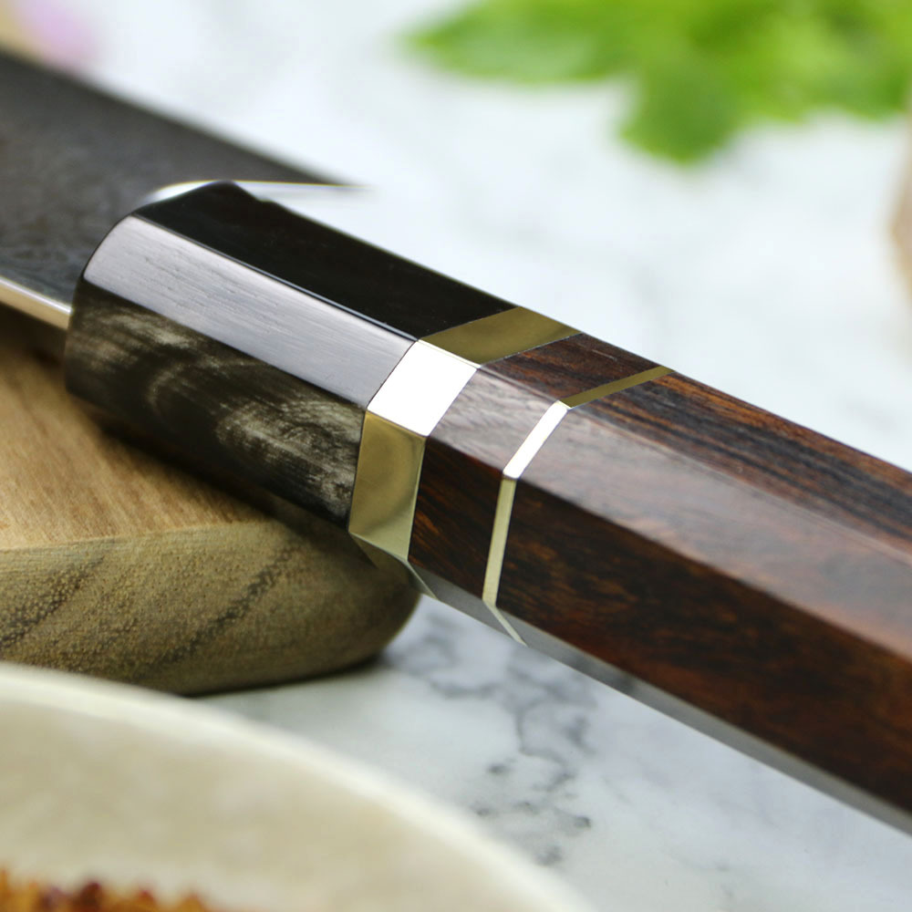 9寸大马士革牛刀10cr15comov日式厨师刀牛角柄沙漠铁手柄料理刀