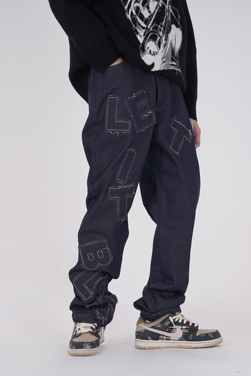 国潮街头英文字母刺绣牛仔裤男直筒宽松嘻哈痞帅潮牌百搭休闲长裤