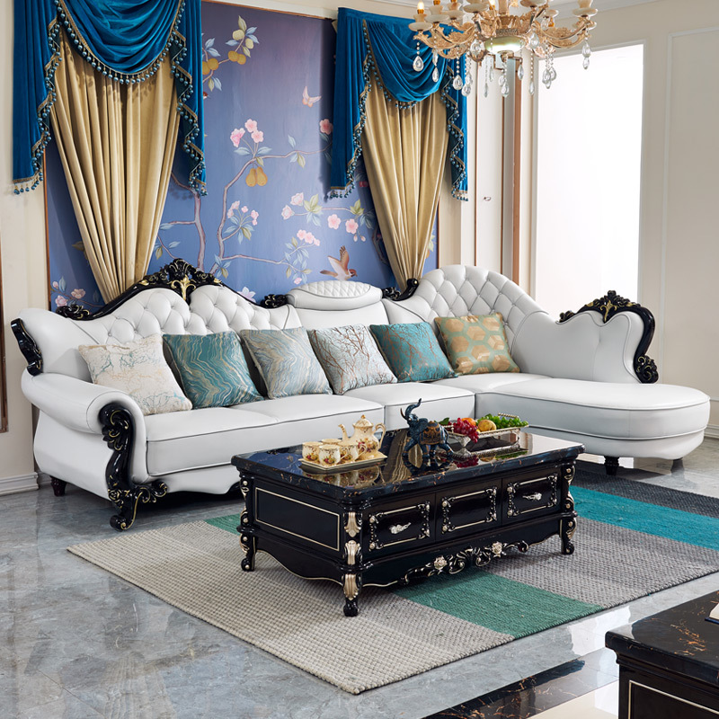 欧式真皮沙发转角组合高档奢华小户型客厅黑檀色简欧实木雕花沙发