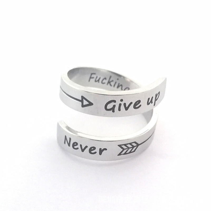 跨境热卖流行钛钢首饰刻字nevergiveup双层钛钢戒指
