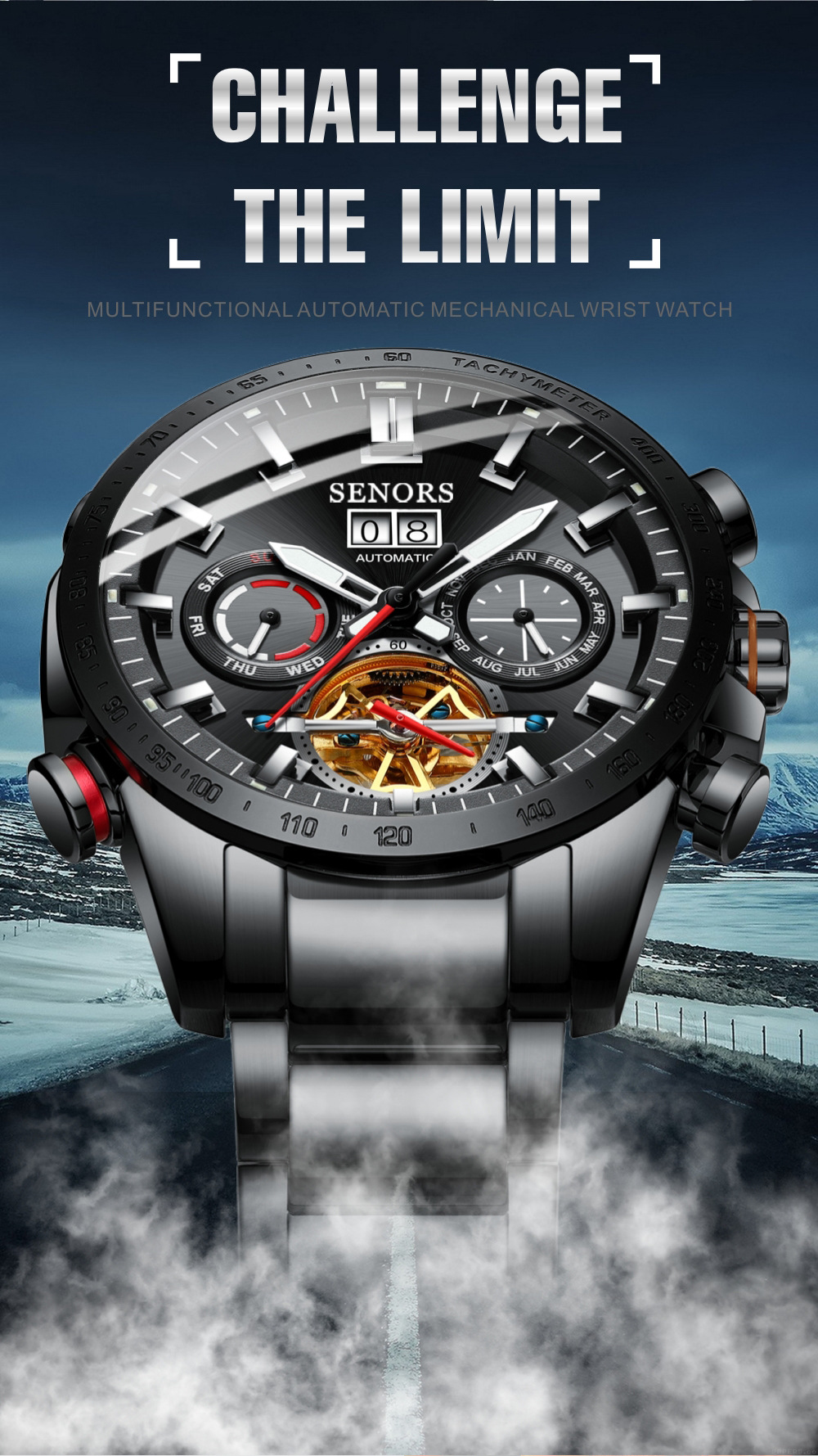 赛娜斯senors爆款不锈钢全自动机械表陀飞轮防水男士腕表sn200