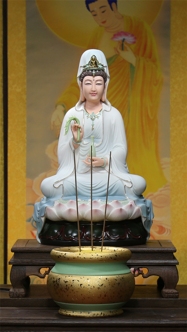 上美陶瓷多尺吋慈颜观音坐像梵彩观音像佛像家用供奉菩萨陶瓷摆件