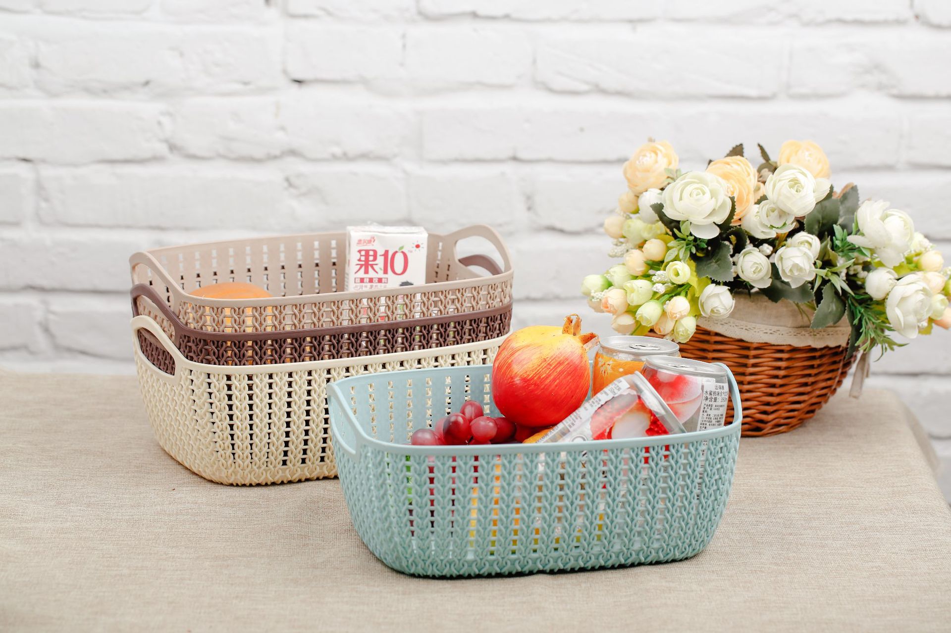 仿藤编麻花篮桌面收纳篮塑料镂空厨房浴室收纳篮工厂直供支持验厂