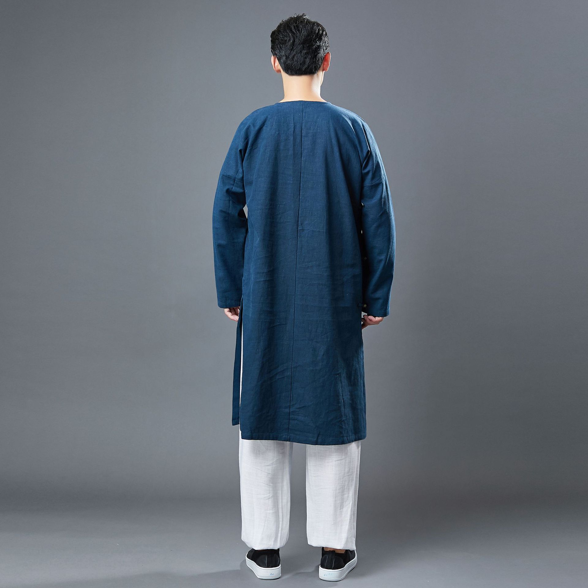 22秋季新品男装圆领斜襟衫中国风中长款汉服长袖纯色苎麻盘扣长袍