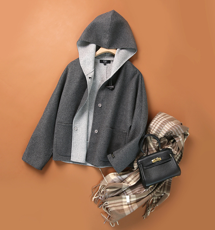 zoj日式品质毛呢外套女2020秋冬外套女连帽款双面呢毛呢大衣女装