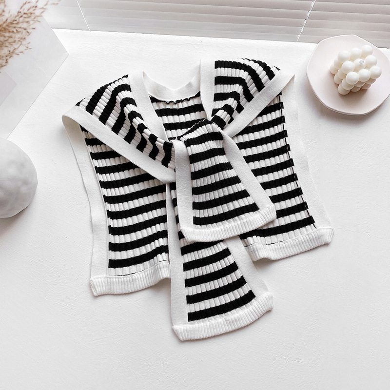Black and White Striped Knotted Knitted Shawl for Women Autumn Shoulder-Matching Internet Popular Summer Air-Conditioned Room with Skirt Shirt