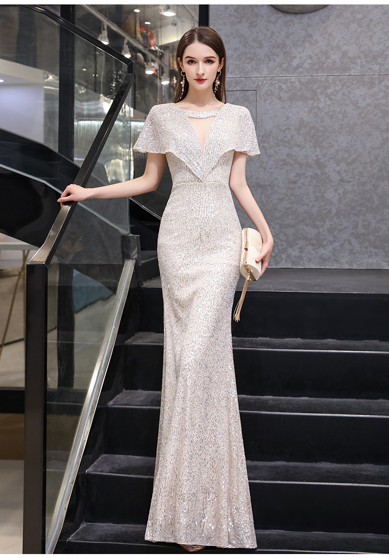 银色晚礼服女新款鱼尾长裙晚宴会气质主持人气场女王连衣裙春夏季