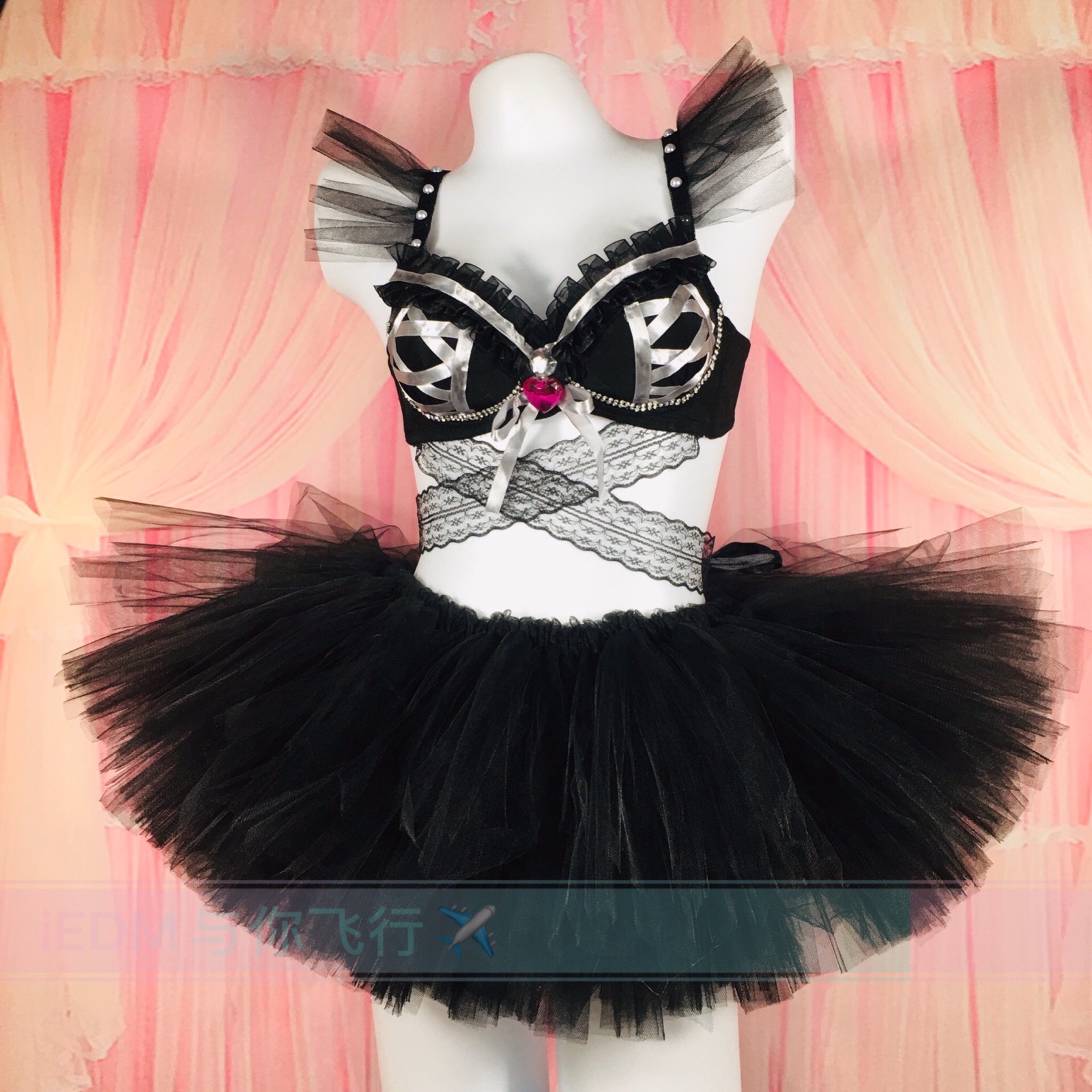 双十一反光材料文胸发光裙套装rave bra tutu裙酒吧电音节蹦迪服