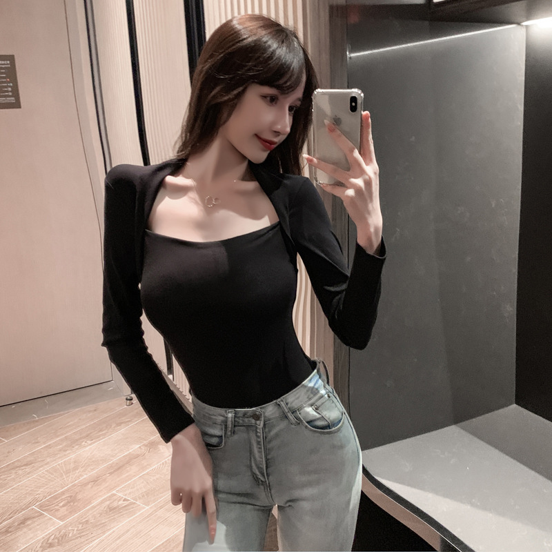 5177097女装夜店性感抹胸式低胸纯色短款打底衫长袖上衣单衣t恤