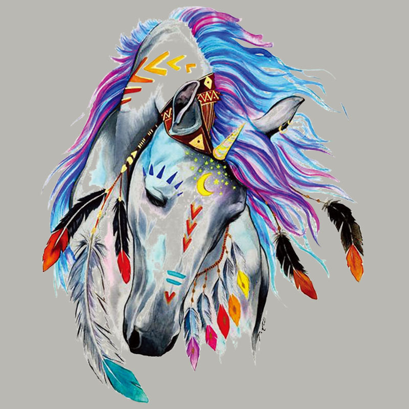 水彩动物头像烫画现货 欧美潮流个性炫彩马头硅胶烫画热转印烫标