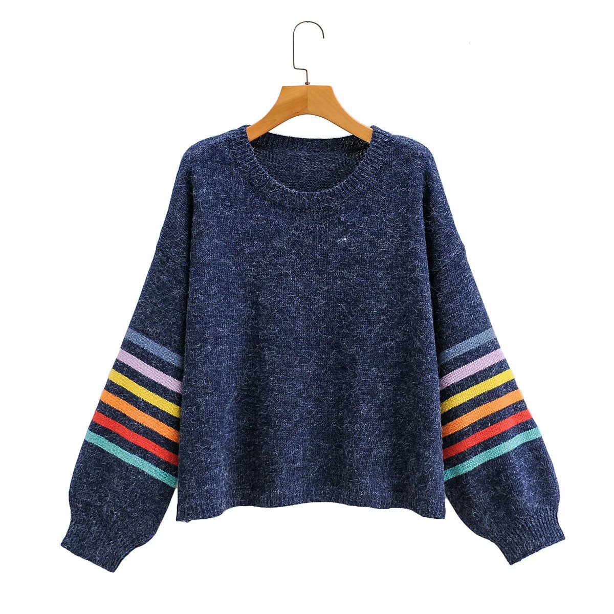 87lb-799欧美女装批发2020秋季新款休闲宽松百搭圆彩条袖毛衣