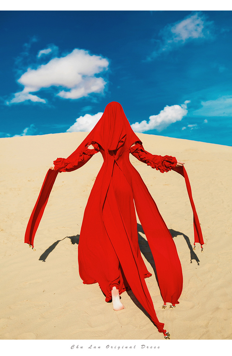 沙漠长裙西北草原旅游拍照衣服超仙青海湖茶卡盐湖裙子红色连衣裙-阿