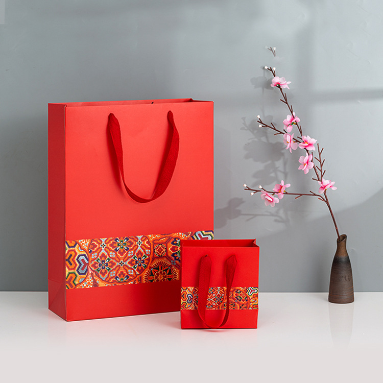 Chinese Style New Year Red Printed Widened Rope Gift Bag Gift Back Hand Paper Bag