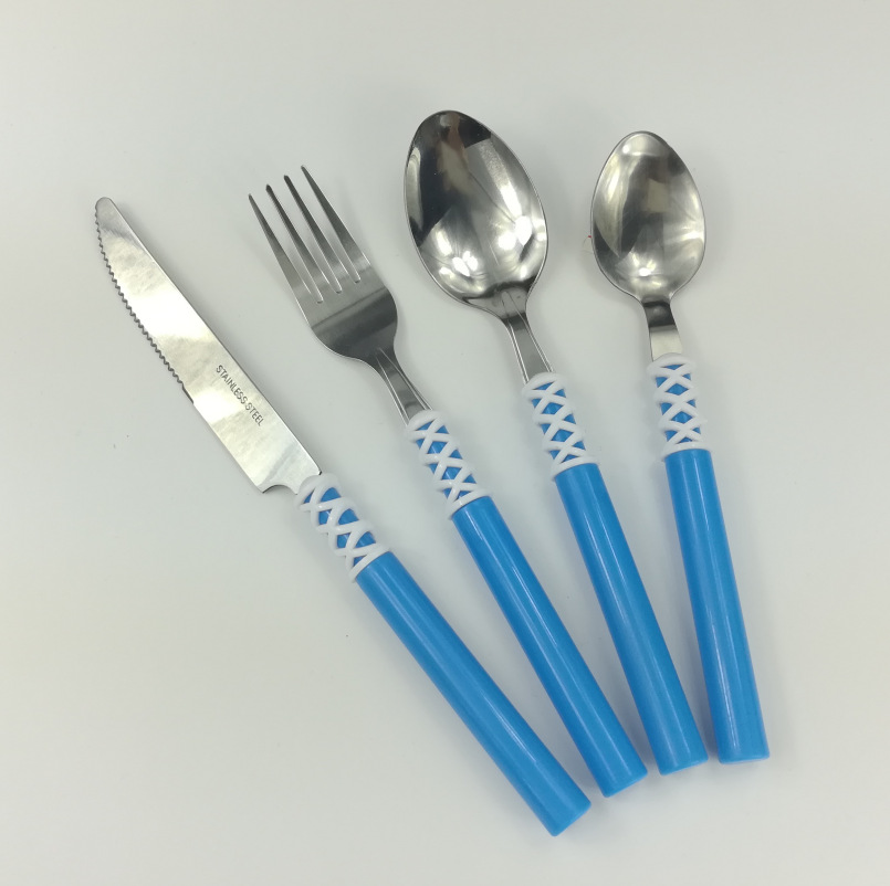 Plastic Handle Tableware Cylindrical Grid Handle Table Knife Fork Spoon Tea Spoon Set 6PCs Factory Wholesale