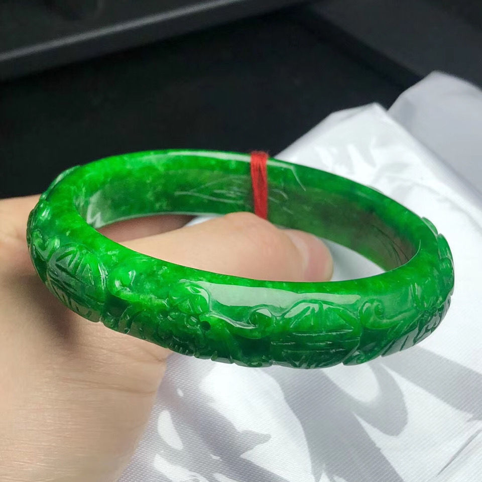 真品玉石缅甸翡翠干青满阳绿如意雕花手镯女款帝王绿铁龙生玉镯子