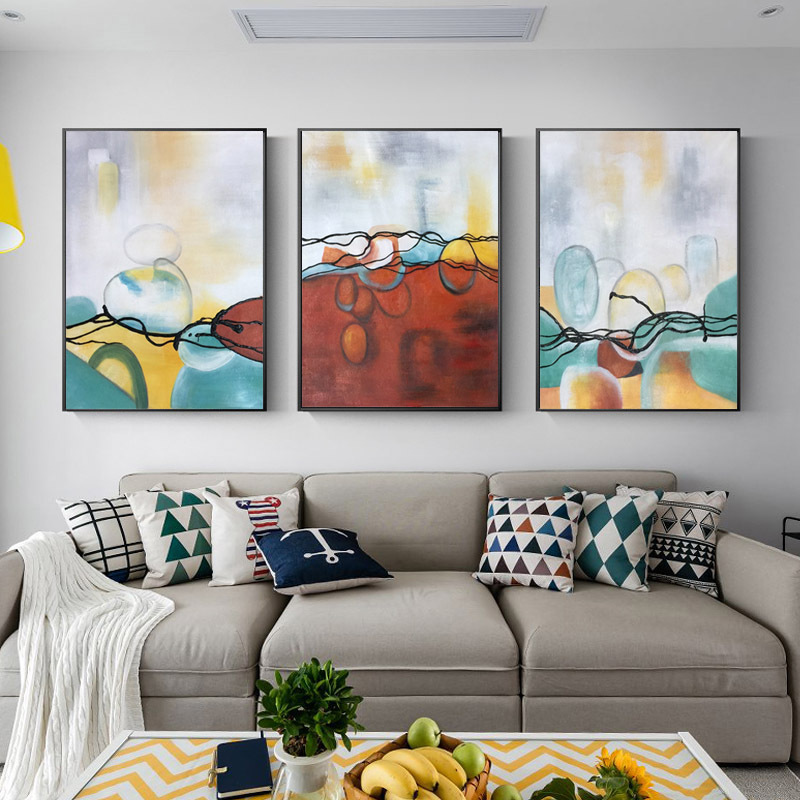 现代简约艺术三联画纯手绘油画酒店大堂装饰画抽象客厅卧室挂画