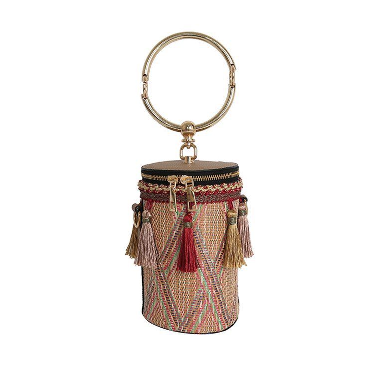 INS Chain Ethnic Style Ring Hand-Carrying Shoulder Bag Straw Cylinder Small Bag Fairy Tassel Bucket Bag Fashion