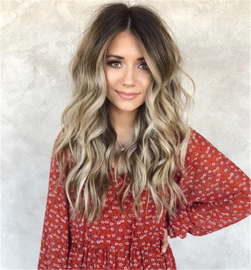 外贸亚马逊流行欧美女士长卷发深棕色化纤高温丝中分大波浪假发套