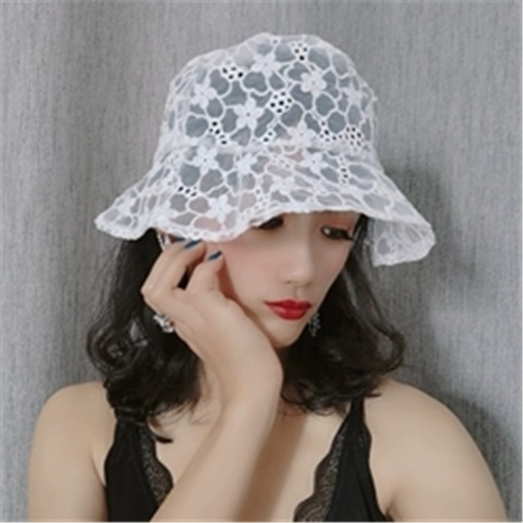蕾丝花朵帽子女韩国少女系仙气范渔夫帽夏天透气镂空遮阳薄款盆帽