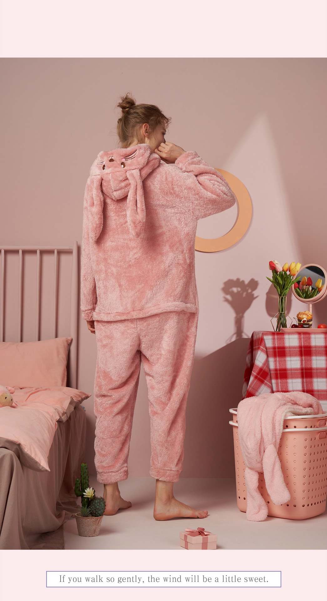 珊瑚绒睡衣女秋冬季粉色兔耳朵连帽可爱女士家居服套装一件代发