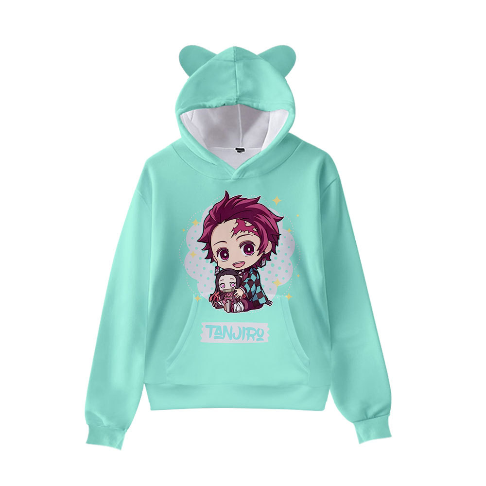跨境动漫鬼灭之刃周边q版秋冬长袖儿童装男女猫耳朵带帽卫衣 定制