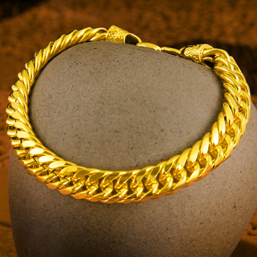 沙金牛仔手链男士 仿黄金现货古巴手链大气福字手扣速卖通爆款