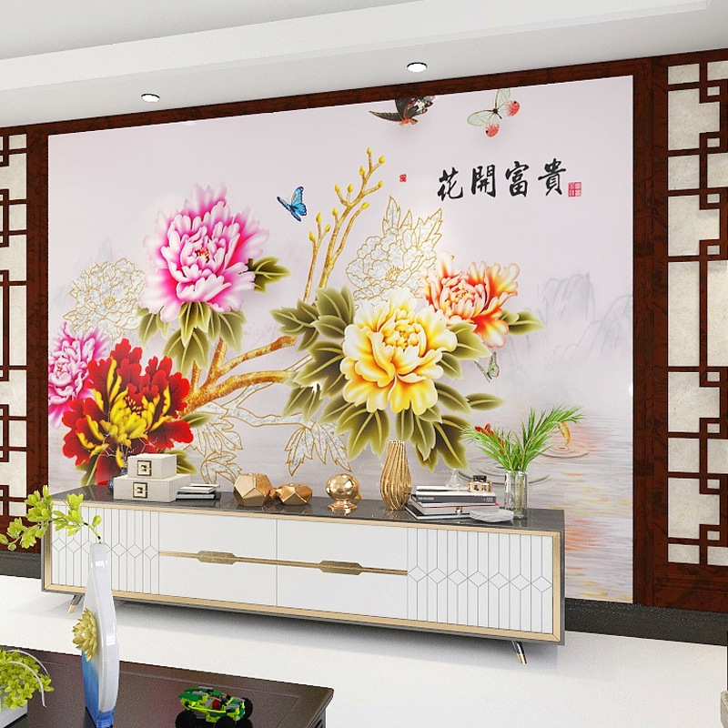 中式牡丹花电视背景墙壁纸花开富贵客厅影视墙纸古典壁画装饰墙布