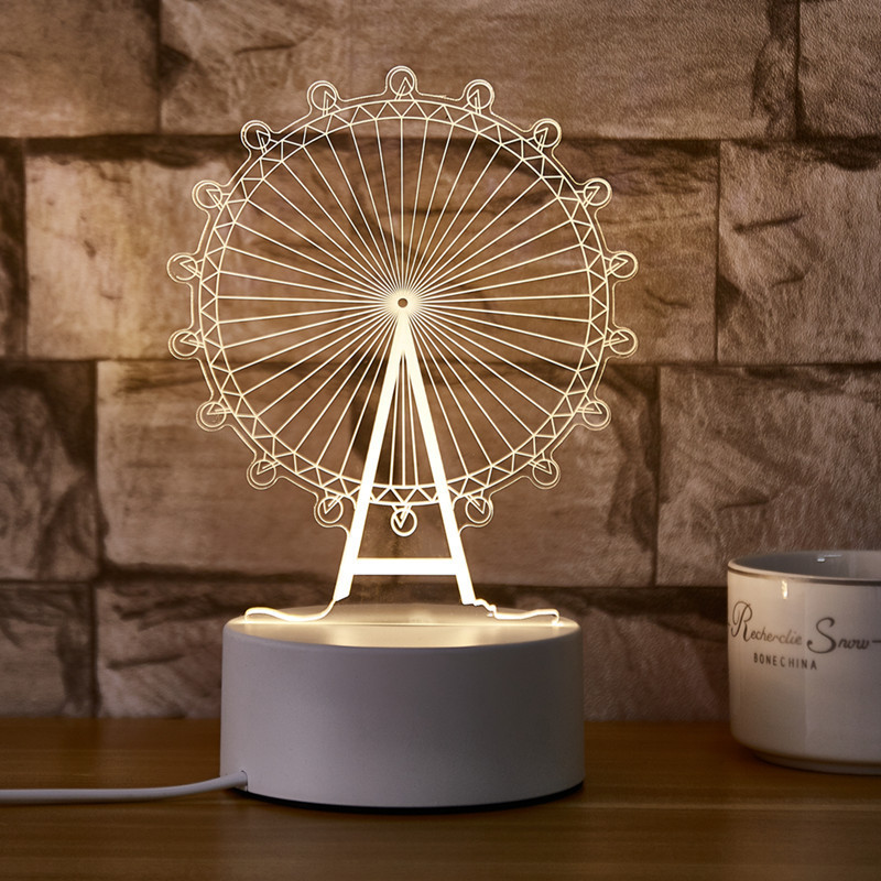 3D小夜灯比心水母摩天轮小夜灯LED亚克力台灯3D灯DIY礼品代发
