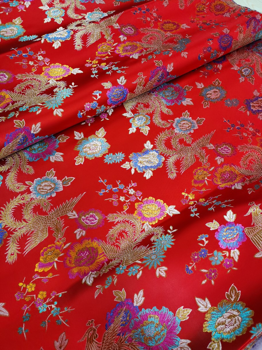 大牡丹金凤厂家直销尼龙织锦缎唐装布料丝绸7090120150定制